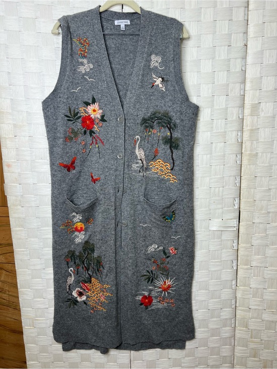 Johnny Was Tops - Johnny Was Gray Wool Cashmere Embroidered Long Sweater Vest Duster Cardigan (M)